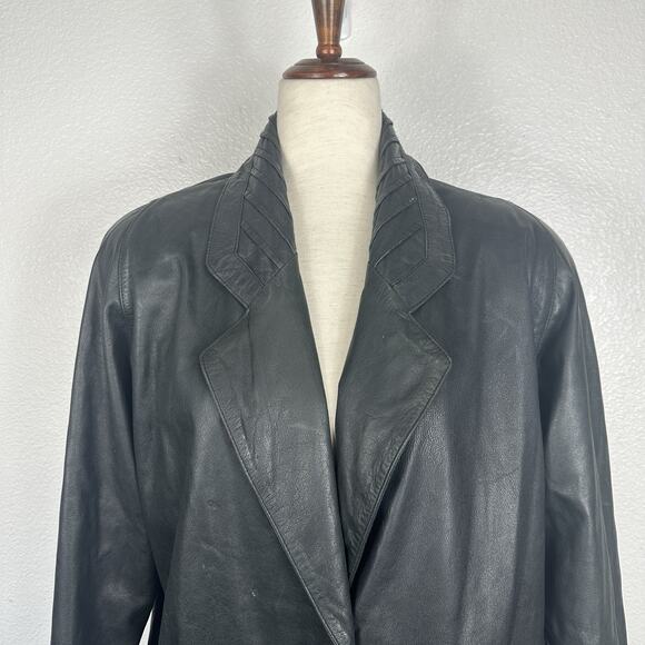 Jacqueline Ferrar Leather Trench Coat Women Large Black Matrix Longline VIntage - Picture 4 of 14